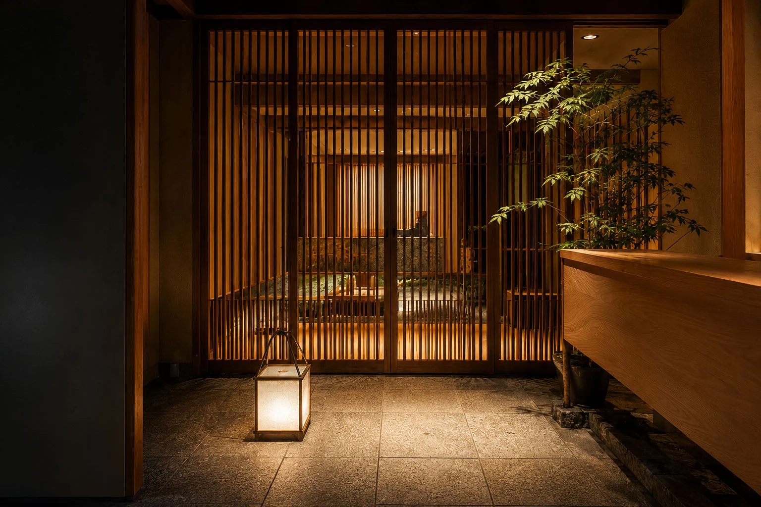 格子の建具と行灯の光が迎える和の玄関